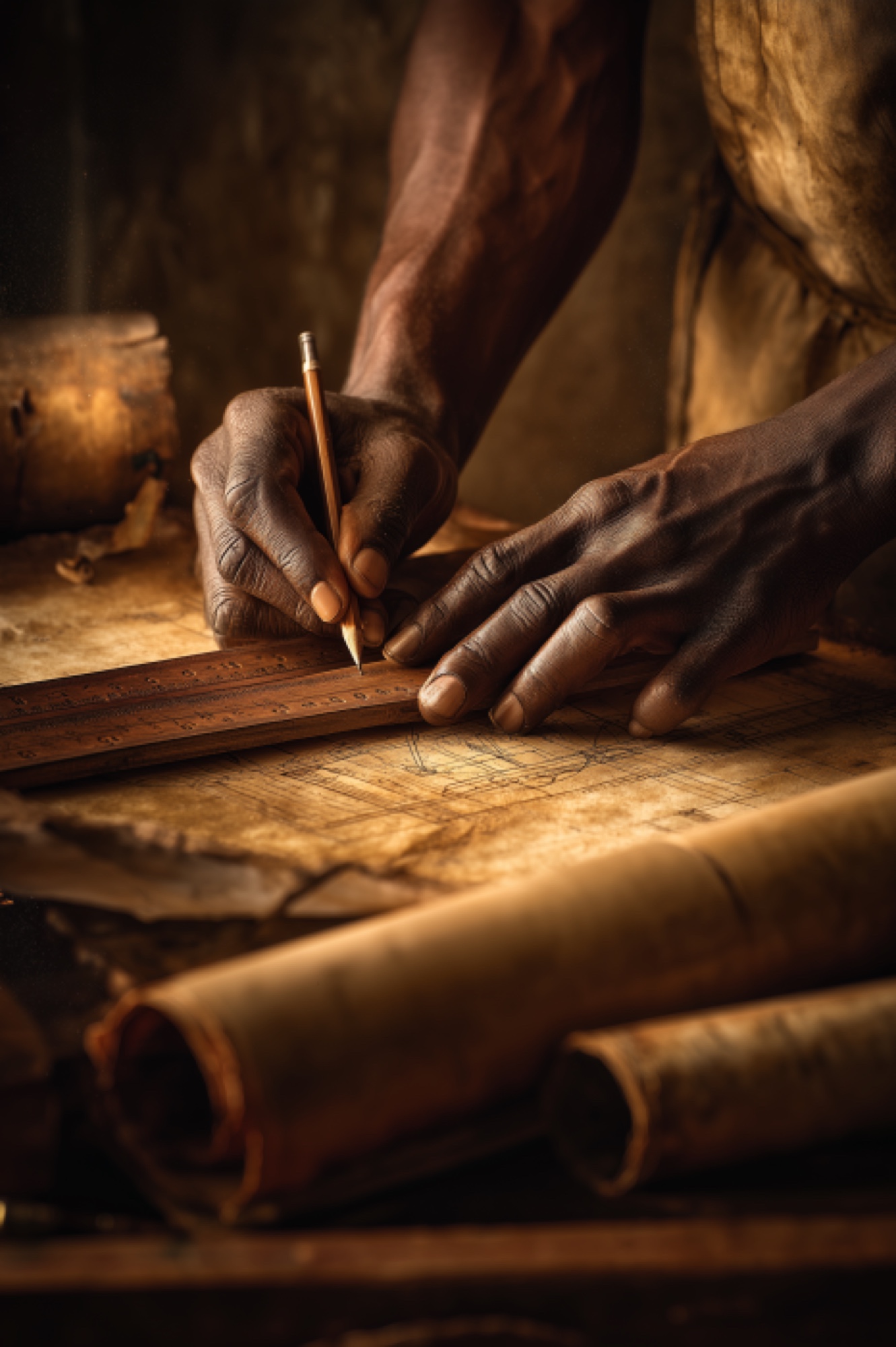 The hands of a craftsman drawing careful plans on aged paper with a pencil and ruler