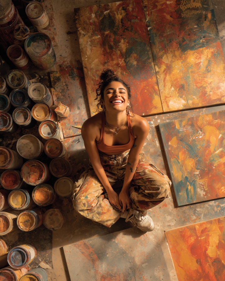 An artist seen from above, laughing among canvases and paint cans on her studio floor