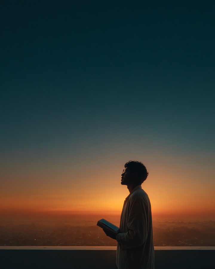 A man holding a journal on a rooftop at dawn, gazing at the horizon
