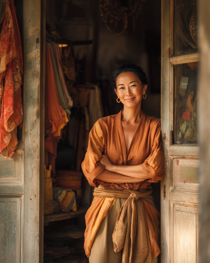 A smiling woman entrepreneur standing in the sunlit doorway of her boutique