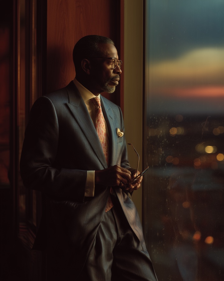 An executive standing by tall office windows at dusk, city lights below