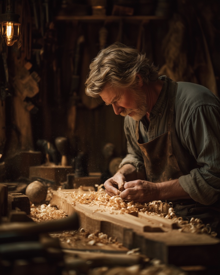 A carpenter carving wood in his workshop