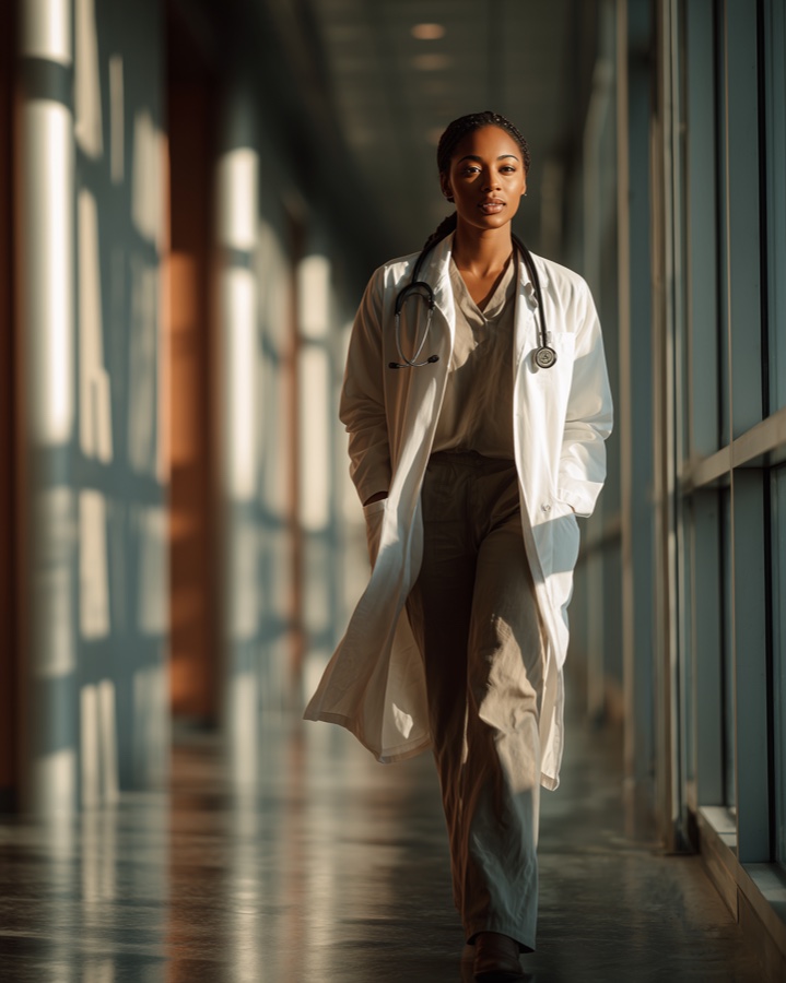 A doctor in a white coat walking confidently down a bright hospital corridor