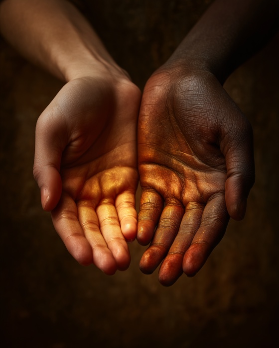 Two pairs of hands of different skin tones held open upward together